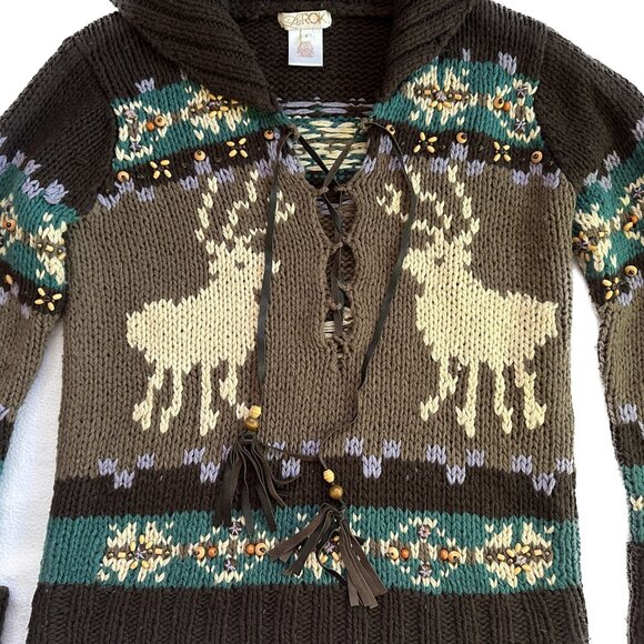 LaROK Woodsman Beaded Lace Up Reindeer Wool Sweater aso Jessica Simpson S - Picture 3 of 16